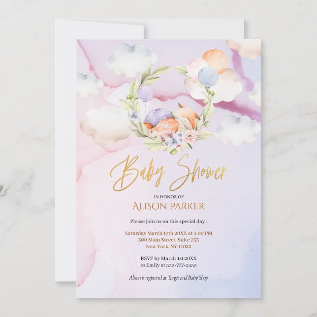 Invitation Fairytale Forest Fox Pink Sky Dream | BABY SHOWER (Devant)