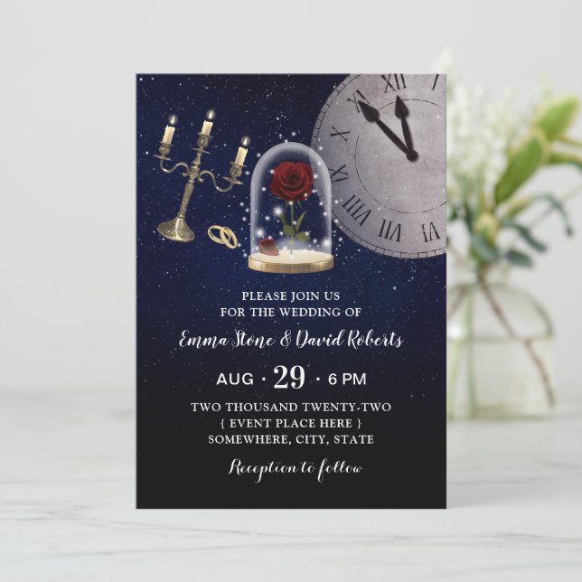 Invitation Fairytale Mariage Rose Fleur Dome Starry Nuit (Debout devant)