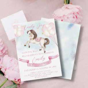 Invitation Fairytale Pony Stars Pink Balons Anniversaire