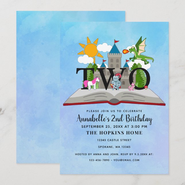 Invitation Fairytale Pop Up Book Kids Second Birday (Devant / Derrière)