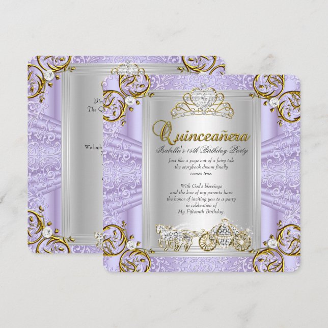 Invitation Fairytale Quinceanera 15e anniversaire Lavande (Devant / Derrière)