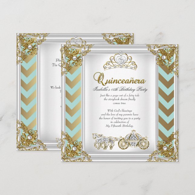 Invitation Fairytale Quinceanera 15e Anniversaire Monnaie Or  (Devant / Derrière)
