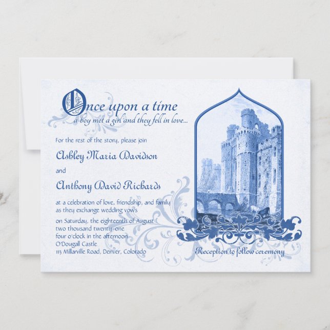 Invitation Fairytale Royal Blue Castle Une Fois Sur Mariage (Devant)