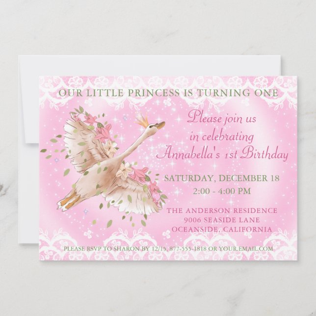 Invitation Fairytale Swan Rose Floral Et Dentelle 1ER Anniver (Devant)