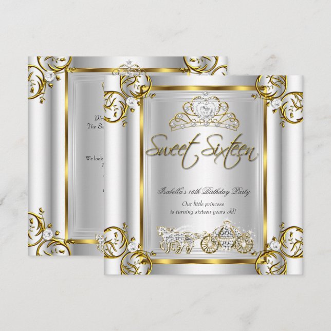 Invitation Fairytale Sweet 16 16e anniversaire Gold Silver (Devant / Derrière)