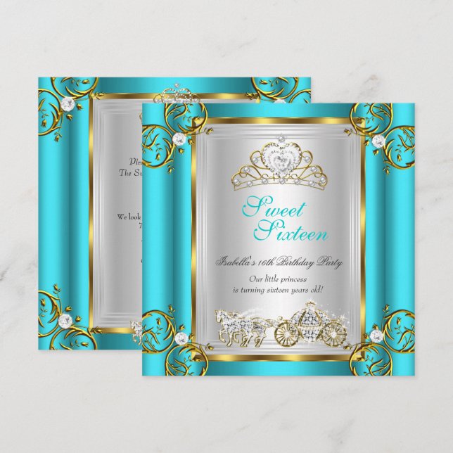 Invitation Fairytale Sweet 16 16e anniversaire Turquoise Turq (Devant / Derrière)