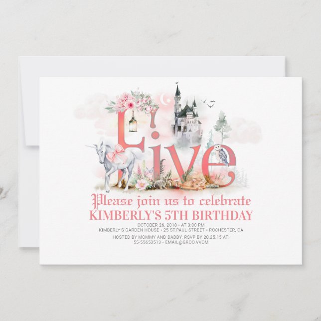 Invitation Fairytale Unicorn Princess Castle 5e anniversaire (Devant)