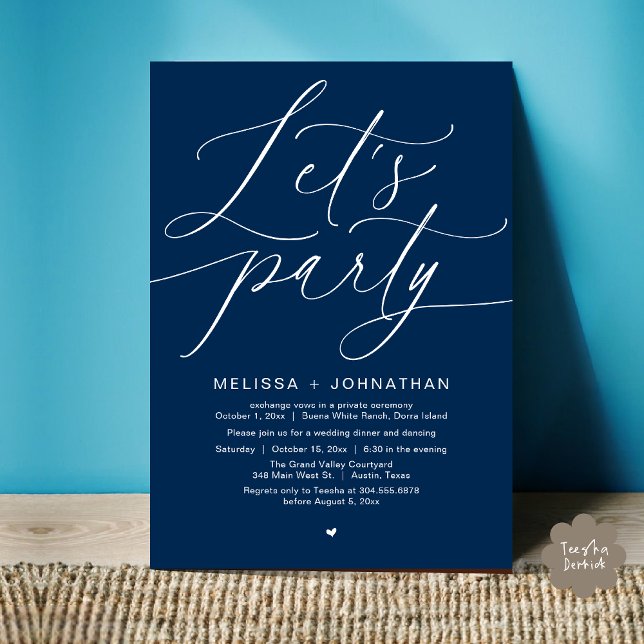 Invitation Faisons la fête avec joie après le dîner Mariage (Let's Party Happily Ever After Romantic Modern Wedding Dinner Invitation Card PDF Navy Blue)