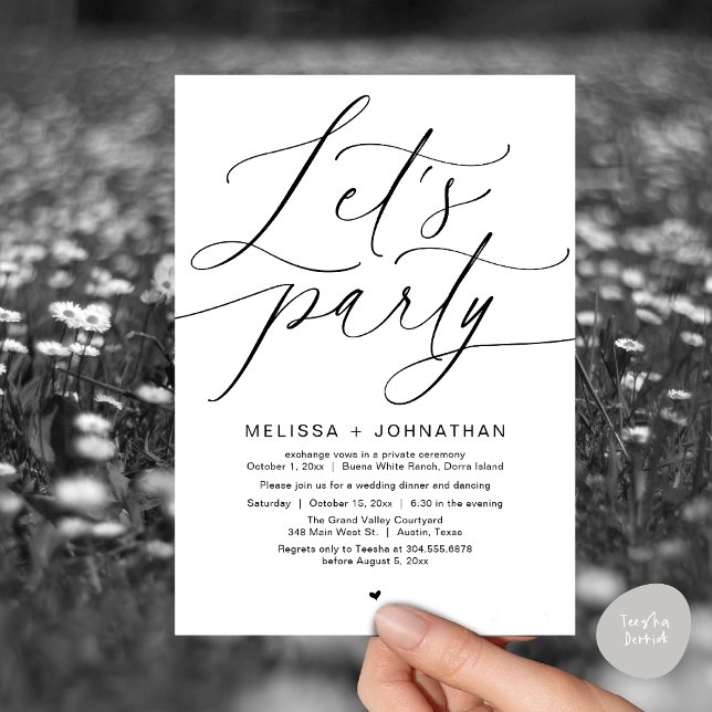 Invitation Faisons la fête avec joie après le dîner Mariage (Let's Party Happily Ever After Romantic Modern Wedding Dinner Invitation Card PDF White Black)