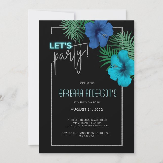 Invitation Faisons la fête Black Blue Neon Tropical 40e anniv (Devant)