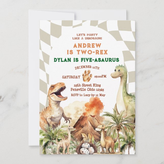 Invitation Faisons la fête comme les frères Dinosaur Annivers (Devant)