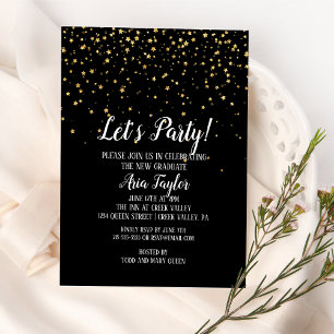 Invitation Faisons la fête Confettis dorés sur fond noir pour