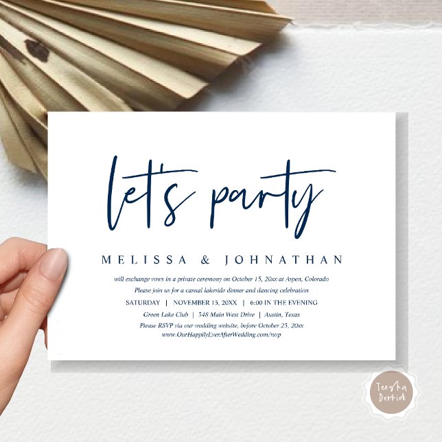 Invitation Faisons la fête, dîner de mariage intime et décont (Let's Party, Post Wedding Elopement Dinner and Party Celebration Invitation Card, in Navy Blue)