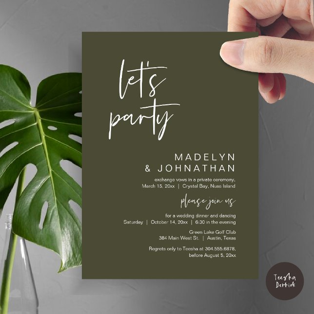 Invitation Faisons la fête, dîner d'Elopement Mariage et dans (Let's Party, Modern Wedding Elopement Dinner and Dancing Invitation Card, PDF, in Olive Green)