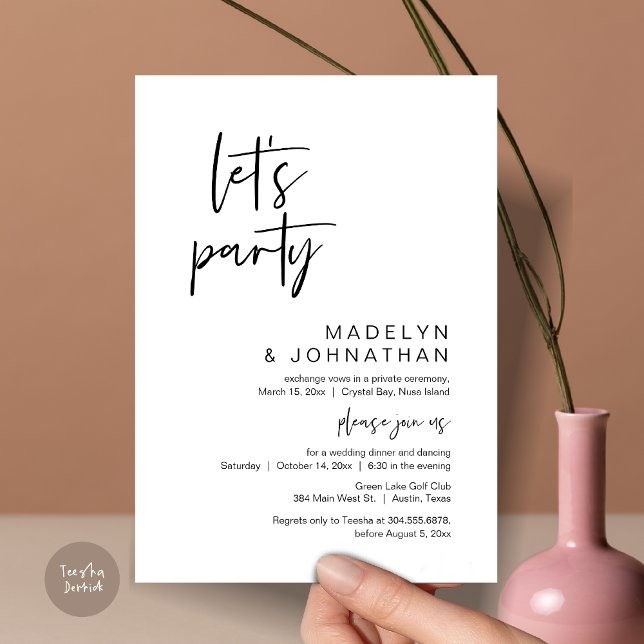 Invitation Faisons la fête, dîner d'Elopement Mariage et dans (Let's Party, Modern Wedding Elopement Dinner and Dancing Invitation Card, PDF, in Black and White)