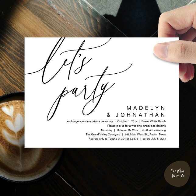 Invitation Faisons la fête, dîner Mariage romantique et danse (Let's Party, Romantic Charm Wedding Dinner Dancing Lunch Brunch Invitation Card PDF White Black)