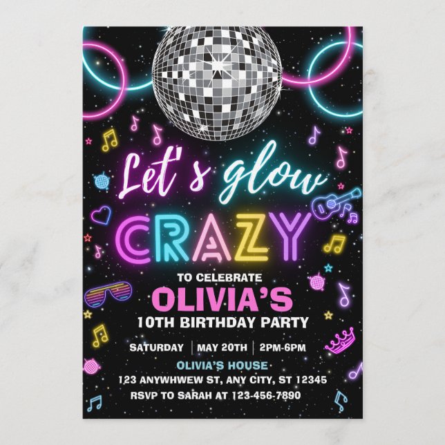 Invitation Faisons la fête disco Let's Glow Crazy (Devant)