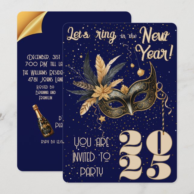 Invitation Faisons la fête du Nouvel An Bleu glamour (Devant / Derrière)