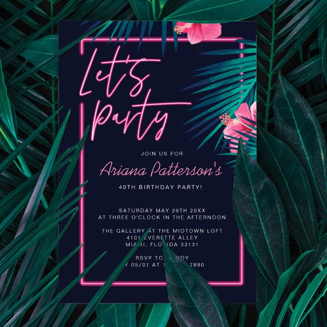 Invitation Faisons la fête Electric Neon rose Tropical Annive (Let's Party Electric Neon Pink Tropical Birthday Invitation)