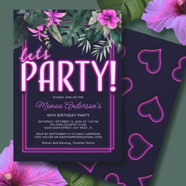 Invitation Faisons la fête Electric rose Neon Tropical Annive (Let's Party Electric Pink Neon Tropical Birthday Invitation)