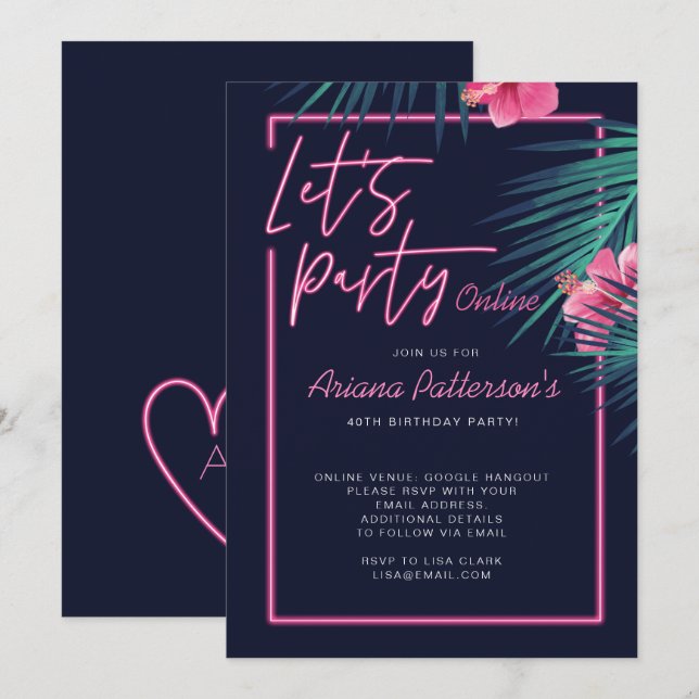 Invitation Faisons la fête en ligne Neon rose Tropical Annive (Devant / Derrière)