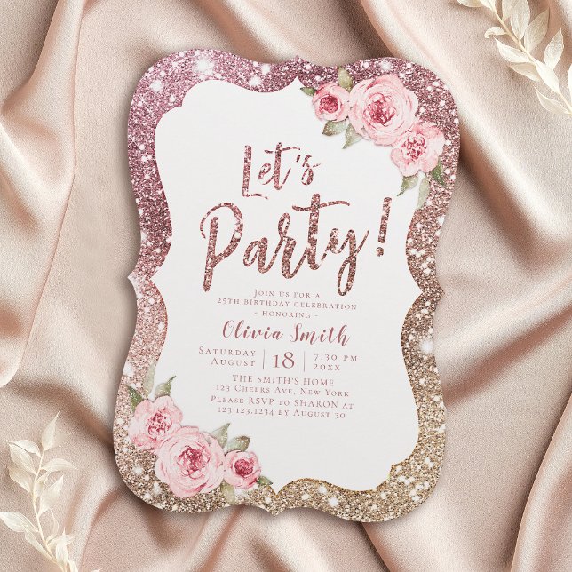 Invitation Faisons la fête étinceler parties scintillant rose (Let's party sparkle rose gold glitter and floral invitation)