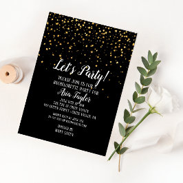 Invitation Faisons la fête Gold Confetti sur Black Bacheloret