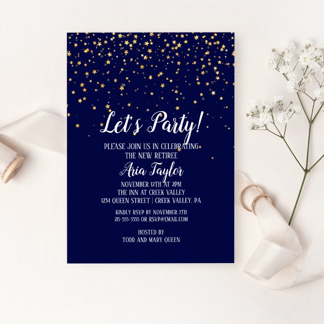 Invitation Faisons la fête Gold Confetti sur la Navy Blue Par (Créateur téléchargé)