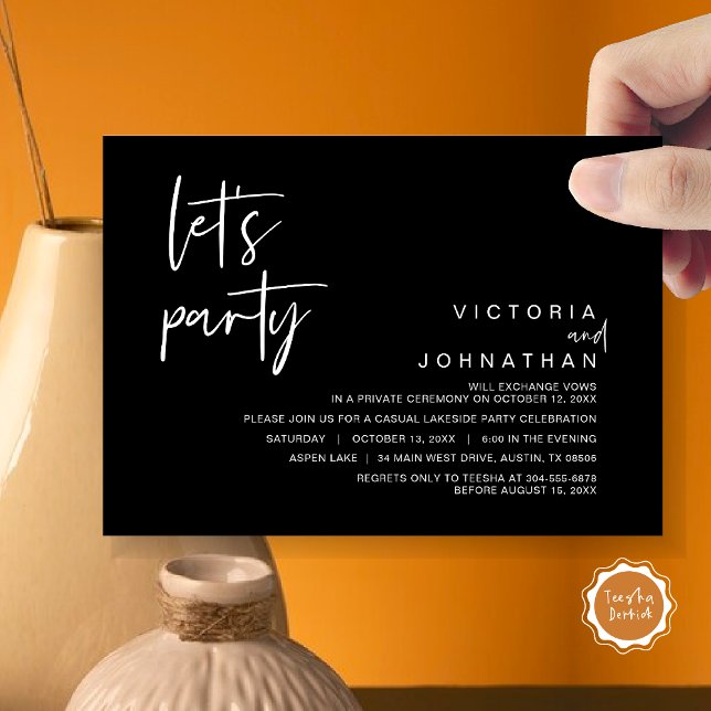 Invitation Faisons la fête, parti Elopement Mariage (Let's Party, Wedding Elopement Dinner Invitation Card, Modern Minimalist Script, in Classy Black)