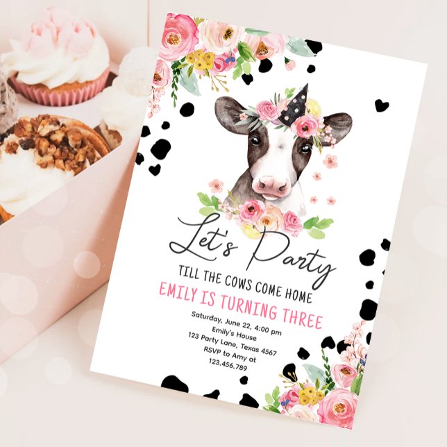 Invitation Faisons la fête Vache Florale Fille Animaux de fer (Créateur téléchargé)