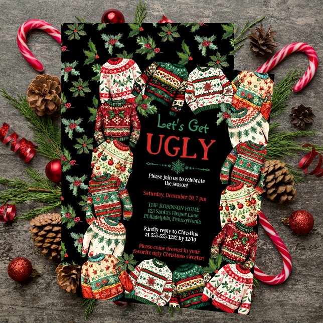 Invitation Faisons noir la fête du pull de Noël ("Let's Get Ugly" Christmas Sweater Party Black Invitation)