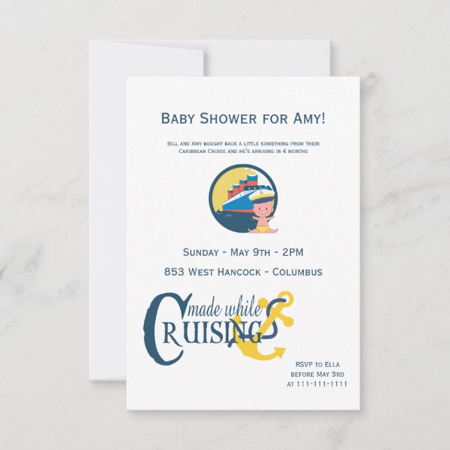 Invitation Fait tandis que sur un baby shower de croisière (Devant)