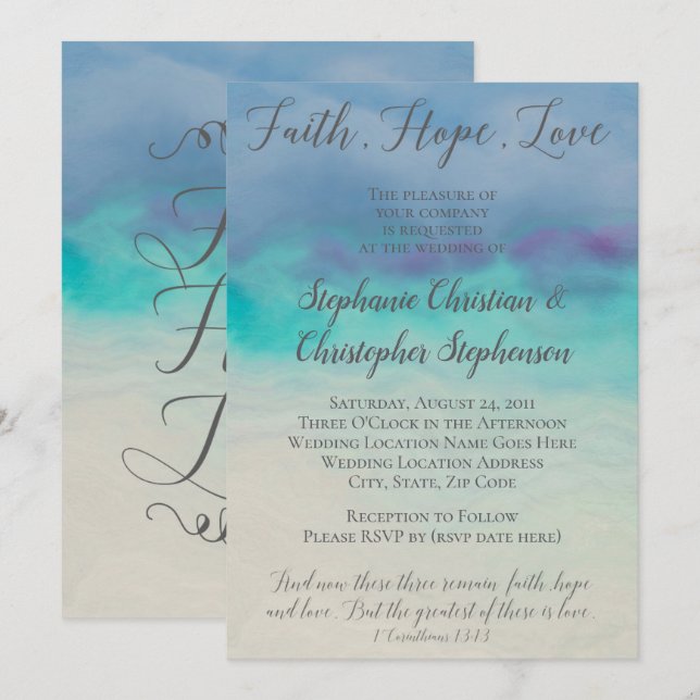 Invitation Faith Hope Love Aquarelle Bible Verse Mariage (Devant / Derrière)