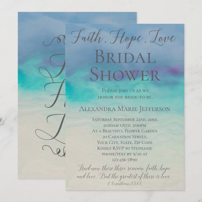 Invitation Faith Hope Love Aquarelle Fête des mariées élégant (Devant / Derrière)