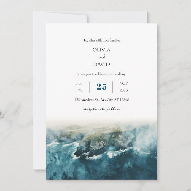 Invitation Falaises Highland Coast Watercolor Plage Mariage (Devant)
