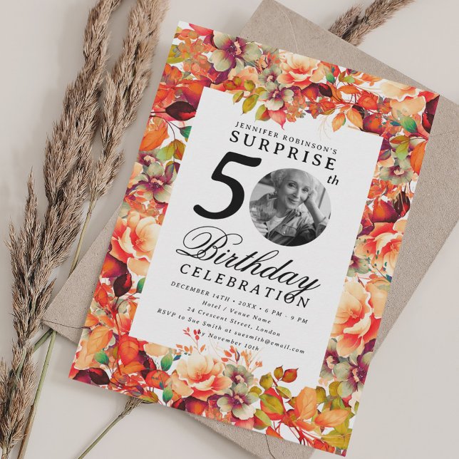 Invitation Fall Autumn Floral Photo SURPRISE 50th Birthday  (Fall Autumn Floral Photo SURPRISE 50th Birthday Invitation)