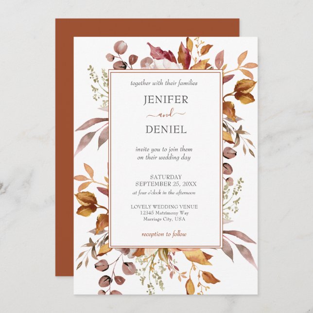 Invitation Fall Autumn Leaves Rustic Country Boho Wedding (Devant / Derrière)