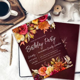 Invitation Fall Burgundy Flowers Chic Script 30e anniversaire