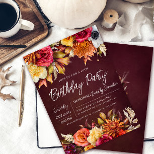 Invitation Fall Burgundy Flowers Chic Script 40e anniversaire