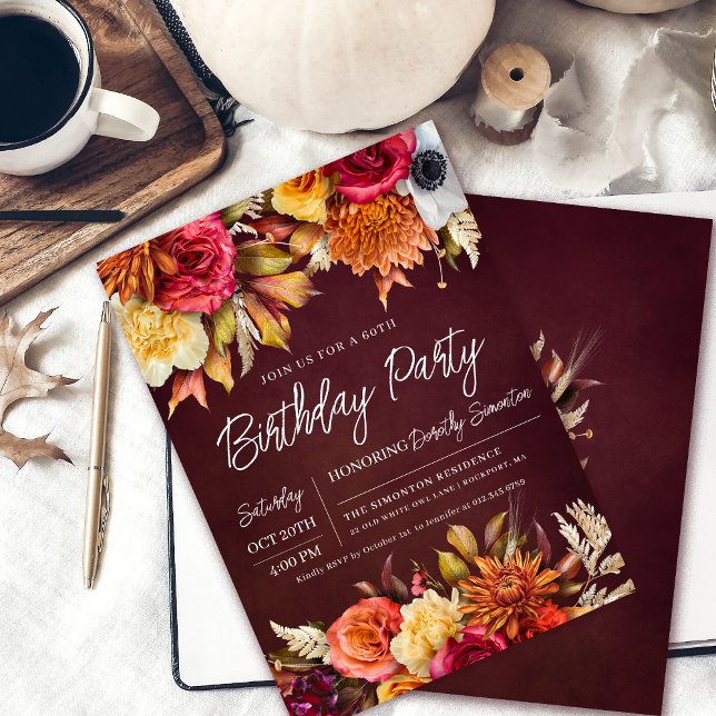 Invitation Fall Burgundy Flowers Chic Script 60e anniversaire (Elegant 60th Birthday Party Invitation. Earth colors perfect for a fall celebration!)