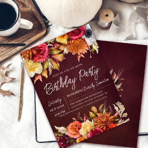 Invitation Fall Burgundy Flowers Chic Script 90e anniversaire