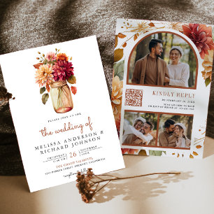 Invitation Fall Dahlia Floral Mason Jar QR Code Mariage