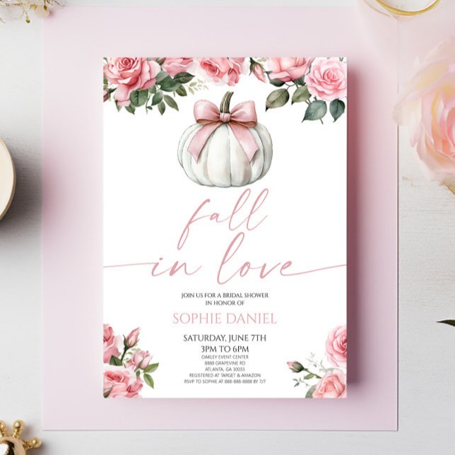 Invitation Fall In Love Pink Bow Pumpkin Floral Bridal Shower (Créateur téléchargé)