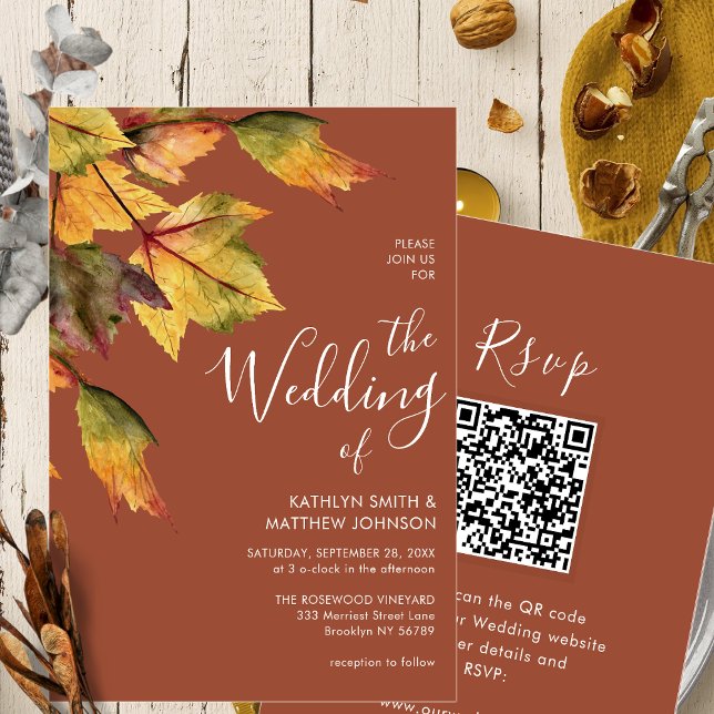 Invitation Fall in Love Rustic Foliage Autumn Mariage QR code (Créateur téléchargé)
