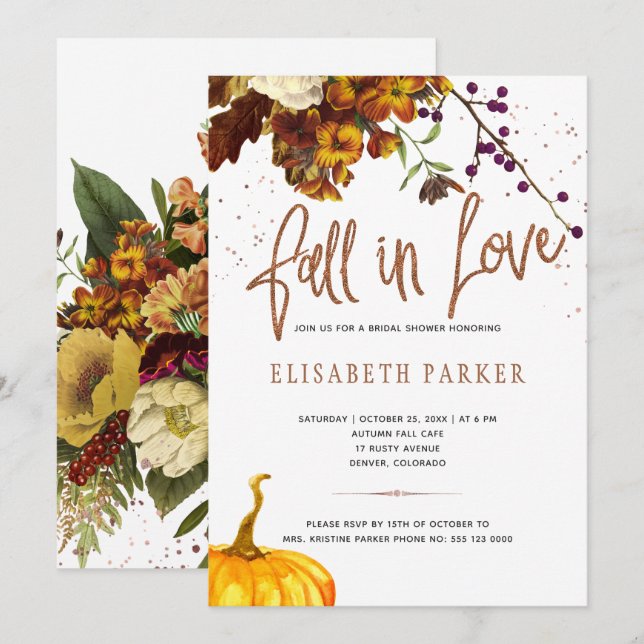 Invitation Fall in Love rusty floral moderne nuptiale douche (Devant / Derrière)