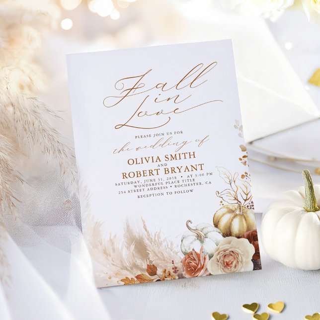 Invitation Fall In Love Terracotta et Citrouille or Mariage (Pumpkins Fall In Love Terracotta Wedding Invitations)