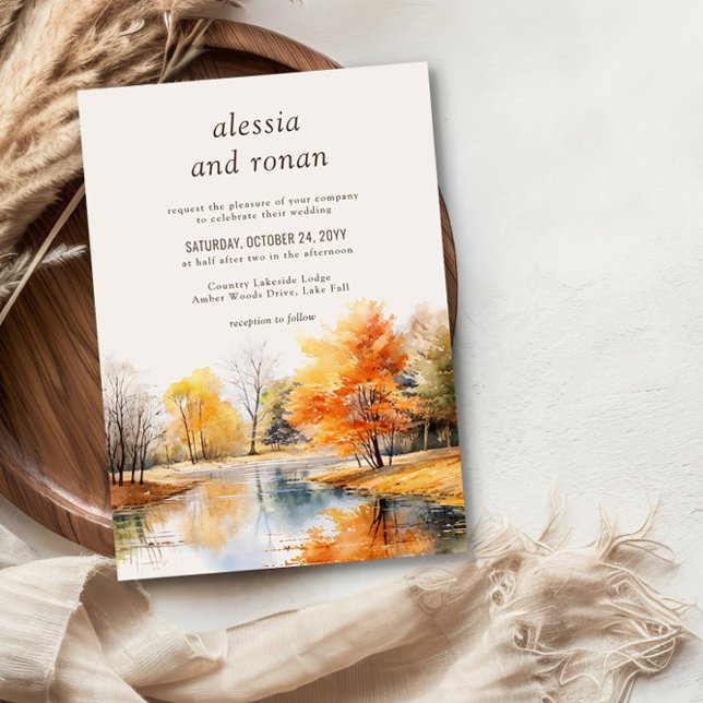 Invitation Fall Lake Watercolor Destination Wedding (Fall Lake Wedding Invite by Darling & May - buy digital download or order professional prints.)