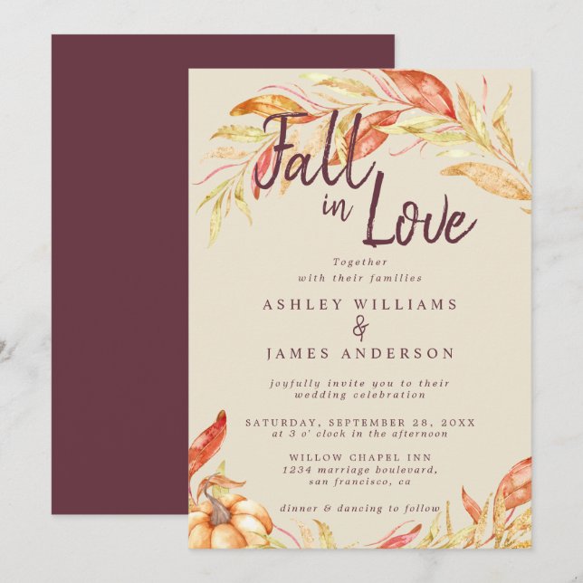 Invitation Fall Love Golden Foliage Automne Mariage Bourgogne (Devant / Derrière)