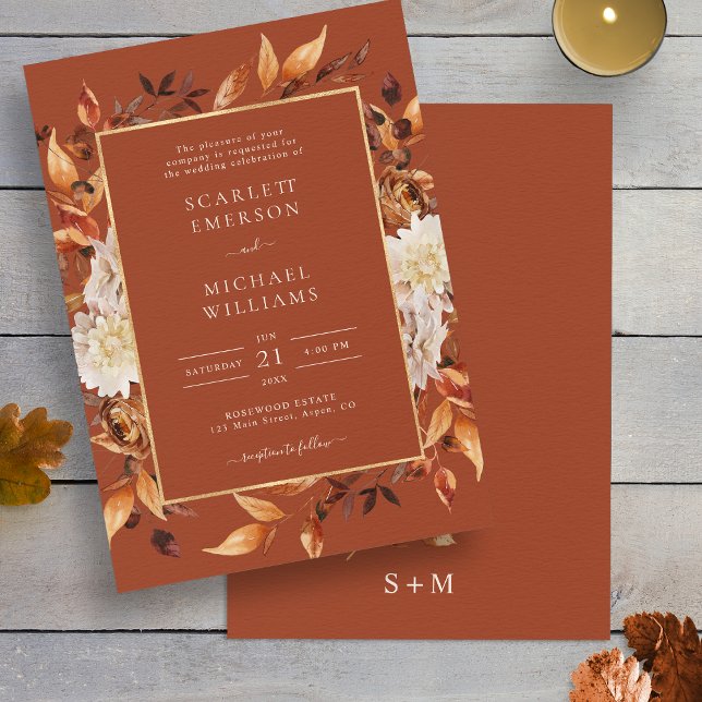 Invitation Fall Terracotta Floral Mariage (Elegant Fall Terracotta Floral Copper Wedding Invitation Monogram on back by Painted Paperie
)