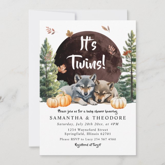 Invitation Fall Twins Wolf Bienvenue Au Baby shower Pack (Devant)